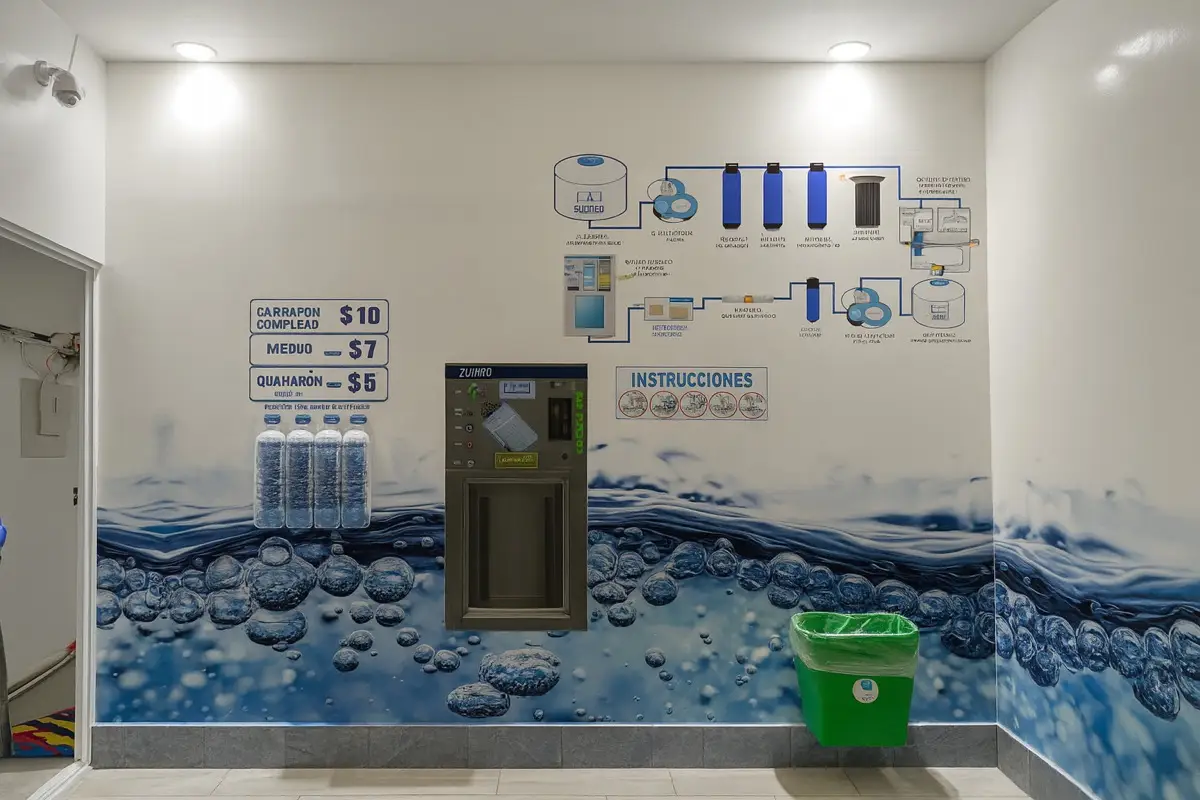 Interior de una purificadora con garrafones listos para entrega